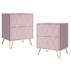 two pink nightstands with gold handles on each side and one in the same color