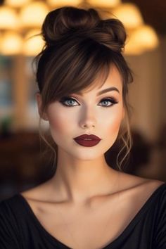 Hairstyle For Medium Hair With Bangs, Hairstyle Long With Bangs, Side Bangs Wedding Hairstyle, Updos For Hair With Bangs, Beautiful Updos For Medium Hair, Updo With Side Swept Bangs, Long Side Bangs Ponytail, Side Part With Wispy Bangs, Best Hairstyles For Large Forehead