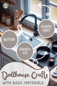 the words dollhouse crafts with basic materials are shown in this graphic above an image of pots and pans