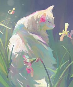 a painting of a cat sitting in the grass with flowers on it's back