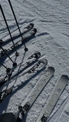 there are many skis lined up in the snow