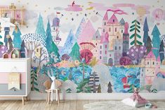 a child's room decorated in pink, blue and green with a castle mural on the wall