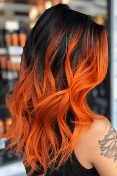 Orange Money Piece Hair, Pumpkin Hair Color, Black Orange Hair, Brown And Orange Hair, Orange Color Hair, Black And Orange Hair, Halloween Hair Dye, Orange And Black Hair, Halloween Hair Color Ideas