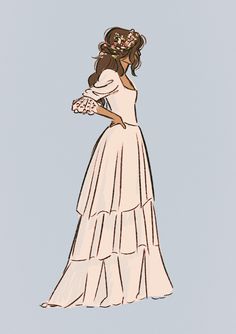 a drawing of a woman in a white dress with a flower crown on her head