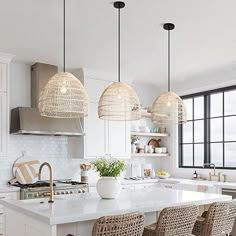 coast modern wicker woven pendants island pendants Pure Salt Interiors, Interior Design Minimalist, Kitchen Goals, Decor Ikea, Wood Beam Ceiling, Basket Lighting, White Cabinetry, Coastal Kitchen, Coastal Farmhouse