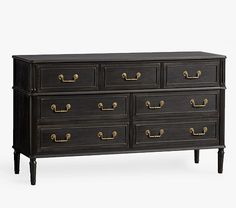 a black dresser with brass handles and drawers on it's sides, against a white background