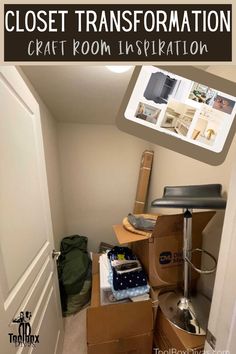 an open closet with boxes on the floor and a computer monitor above it that reads closet transportation craft room installation