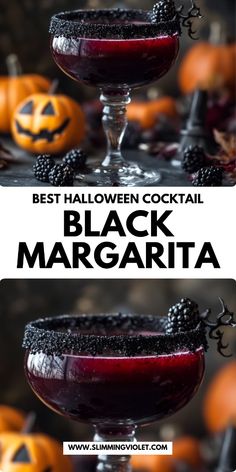 two glasses filled with black margaritas and topped with halloween decorations, the words best halloween cocktail