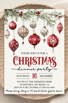 a christmas party flyer with ornaments on the front and bottom, in red and white