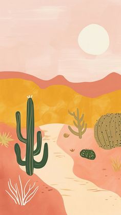 a desert scene with cactus, cacti and sun in the sky on a pink background