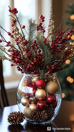 a glass vase filled with ornaments and greenery on top of a table next to a christmas tree