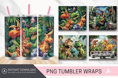 the dinosaur tumbler wraps are designed to look like they're having fun in the jungle