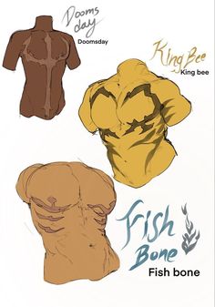 four different types of clothing are shown in this drawing style, including one with the word fish bone on it