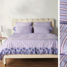 two pictures of a bed with purple and white striped bedspreads, one in blue and the other in red