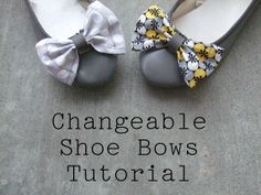 a pair of shoes with bows on them sitting on top of a cement floor next to the words changeable shoe bows