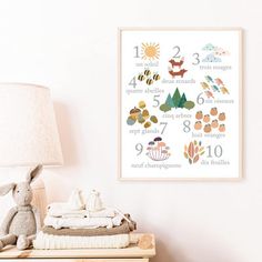 a baby's nursery wall hanging next to a lamp and stuffed animal on a dresser