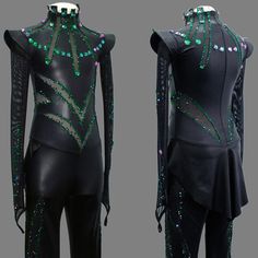 two mannequins dressed in black with green and pink sequins on them