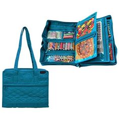 an open blue purse with many items in it, including pens and crayons