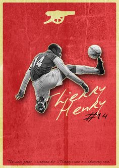 a man kicking a soccer ball on top of a red background with the words henry