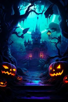 two jack o lantern pumpkins sitting in front of a castle with bats flying around