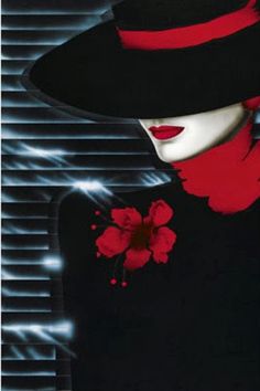 a woman wearing a black hat with red flowers on her neck, and white face