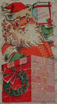 an old fashioned christmas card with santa clause on it's chest and presents in the corner