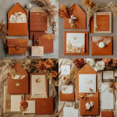 an assortment of orange and gold wedding stationery with flowers on top, along with matching envelopes