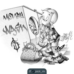 a drawing of a woman looking at her purse next to a sign with the word mom on it