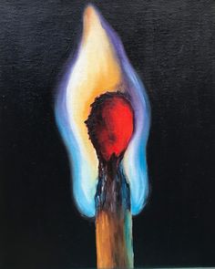 a painting of a lit matchstick with blue and red flames