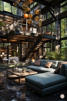 a living room filled with lots of furniture next to a fire place in the middle of a forest