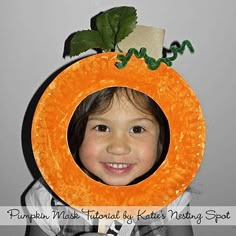 Paper Plate Pumpkin Mask...take photos and make a bulletin board display of the class "pumpkin patch" Paper Plate Pumpkin, Paper Plate Craft, Paper Plate Crafts For Kids, Pumpkin Craft, Pumpkin Activities, Pumpkin Mask, Fall Fest