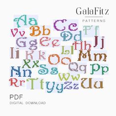 a cross stitch alphabet pattern with the letters and numbers in different colors, all on one side