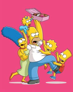 the simpsons family is holding up a box with donuts on it and one hand in the air