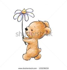 watercolor drawing of a teddy bear holding a flower in it's hand and looking up at the sky