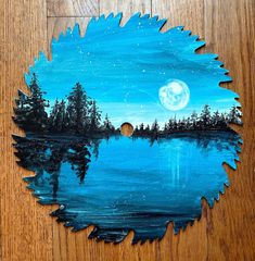 a painting of a lake with trees on it and a full moon in the sky