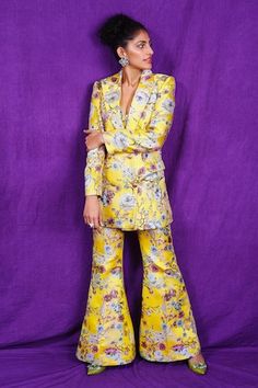 Yellow double breasted blazer with floral woven motifs and notched collared neckline. Paired with padded bralette and bootcut pant. - Aza Fashions Woman Suit, Silk Blazer, Pant Suits, Padded Bralette, Yellow Silk, Woman Suit Fashion, Floral Blazer, Bootcut Pants, Fashion App