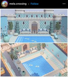 two screenshots of a house with a pool in the middle