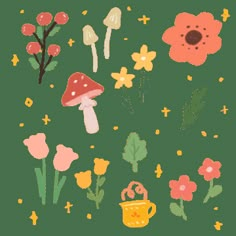 an illustration of flowers and mushrooms on a white background