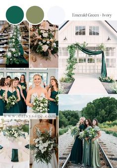 green and white wedding color palettes for the bride's gown, dress, bouquet