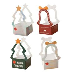 four christmas gift boxes are shown in different shapes and sizes, each with an ornament on the top