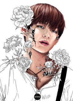 a drawing of a boy with flowers on his neck