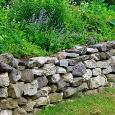 a stone wall in the middle of a garden