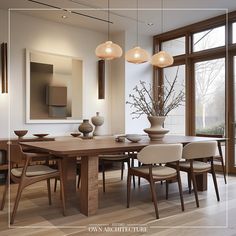 a dining room table with chairs and vases on top of it in front of large windows