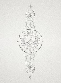 an ink drawing of the sun and moon in different stages of creation, with some writing on