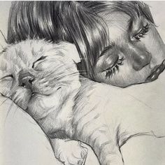 a pencil drawing of a girl sleeping next to a cat