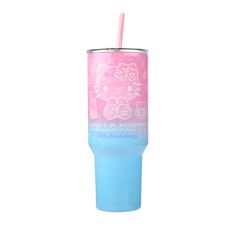 the hello kitty tumbler cup is blue and has pink straw in it's mouth