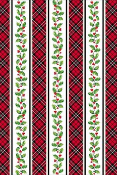 a red and black plaid christmas pattern with holly leaves on the diagonal stripe, which is also in white