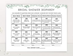 the bridal shower party game is shown with flowers and greenery on the table