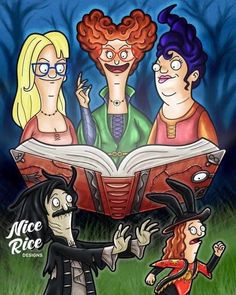 three cartoon characters are reading a book in the grass, one is wearing glasses and the other has red hair