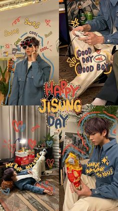 the collage shows two people sitting and standing in front of a sign that says happy jising day